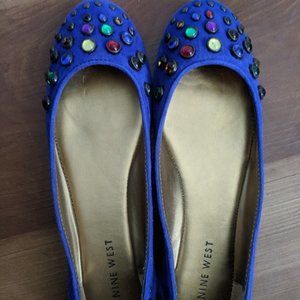Nine West Embellished Blue Suede Ballet Flats, 6 M